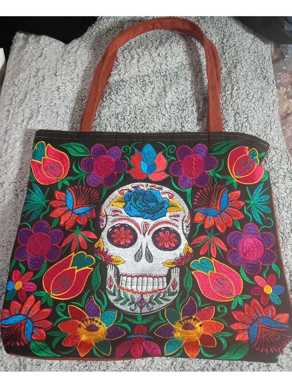 Colorful Embroidered Tote Bag with Floral and Skull Design
